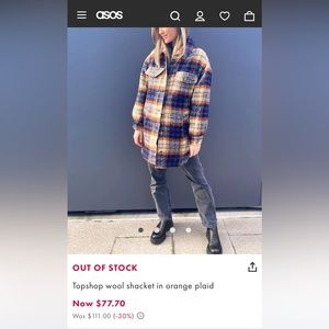 Topshop Orange Blue Multicolor Plaid Wool Blend Full Length Pea Coat Size 4/6